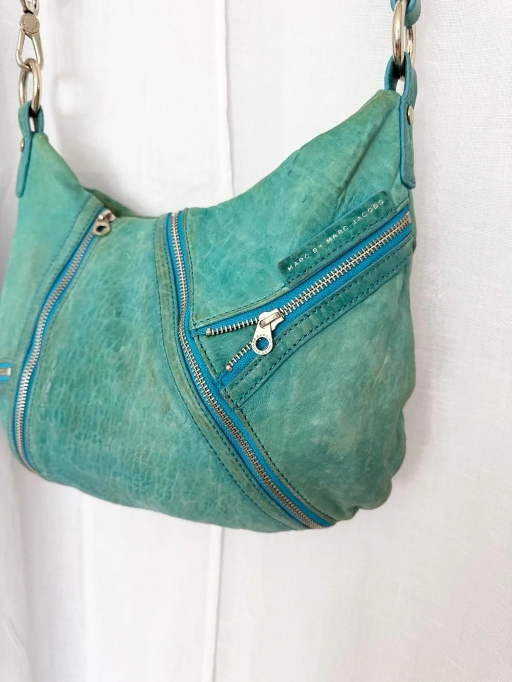 ✿ y2k marc jacobs turquoise leather zip shoulder bag ✿